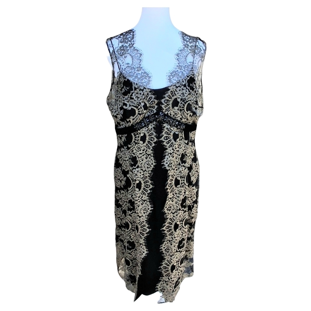 Liancarlo Couture Black Silk Gold Embroidered Lace Mesh Dress Women Size 12